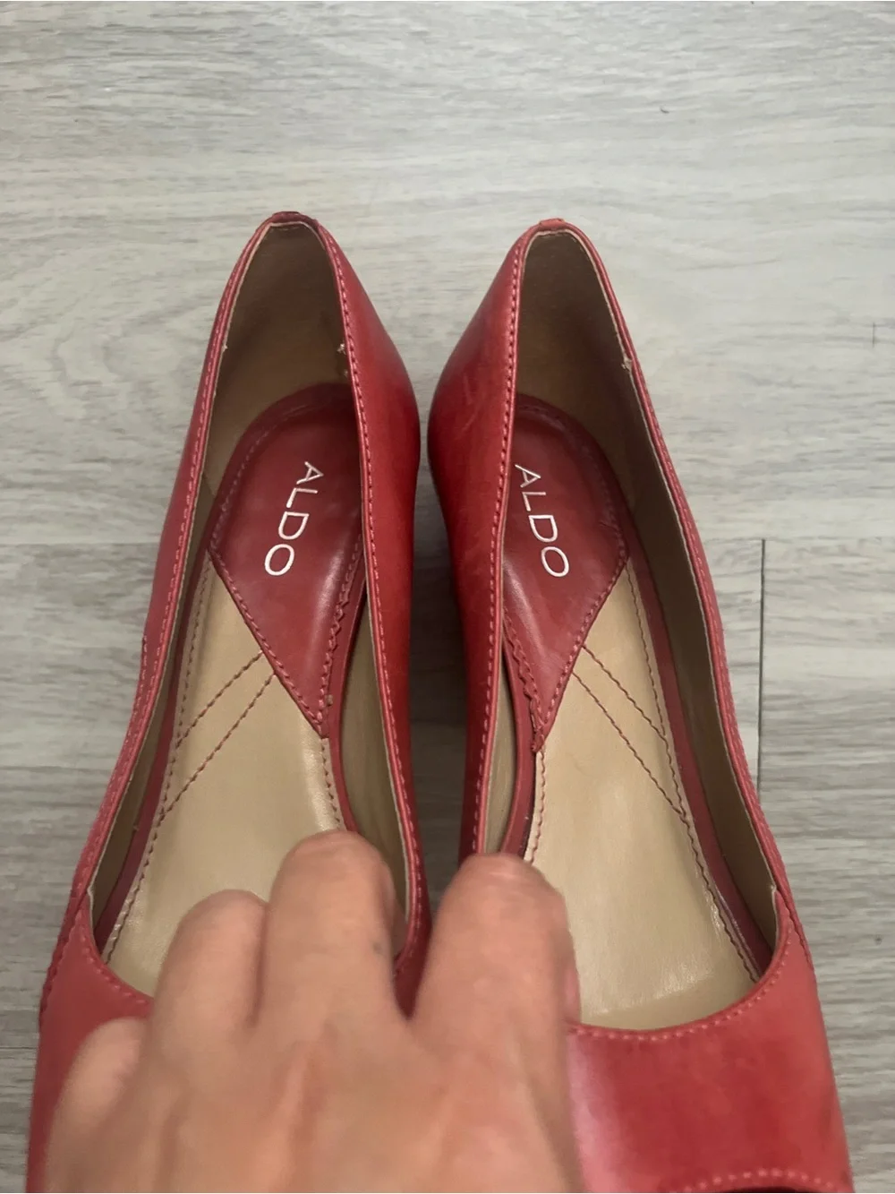 ALDO Coral Red Peep Toe Leather Block Heel Pumps Size 39